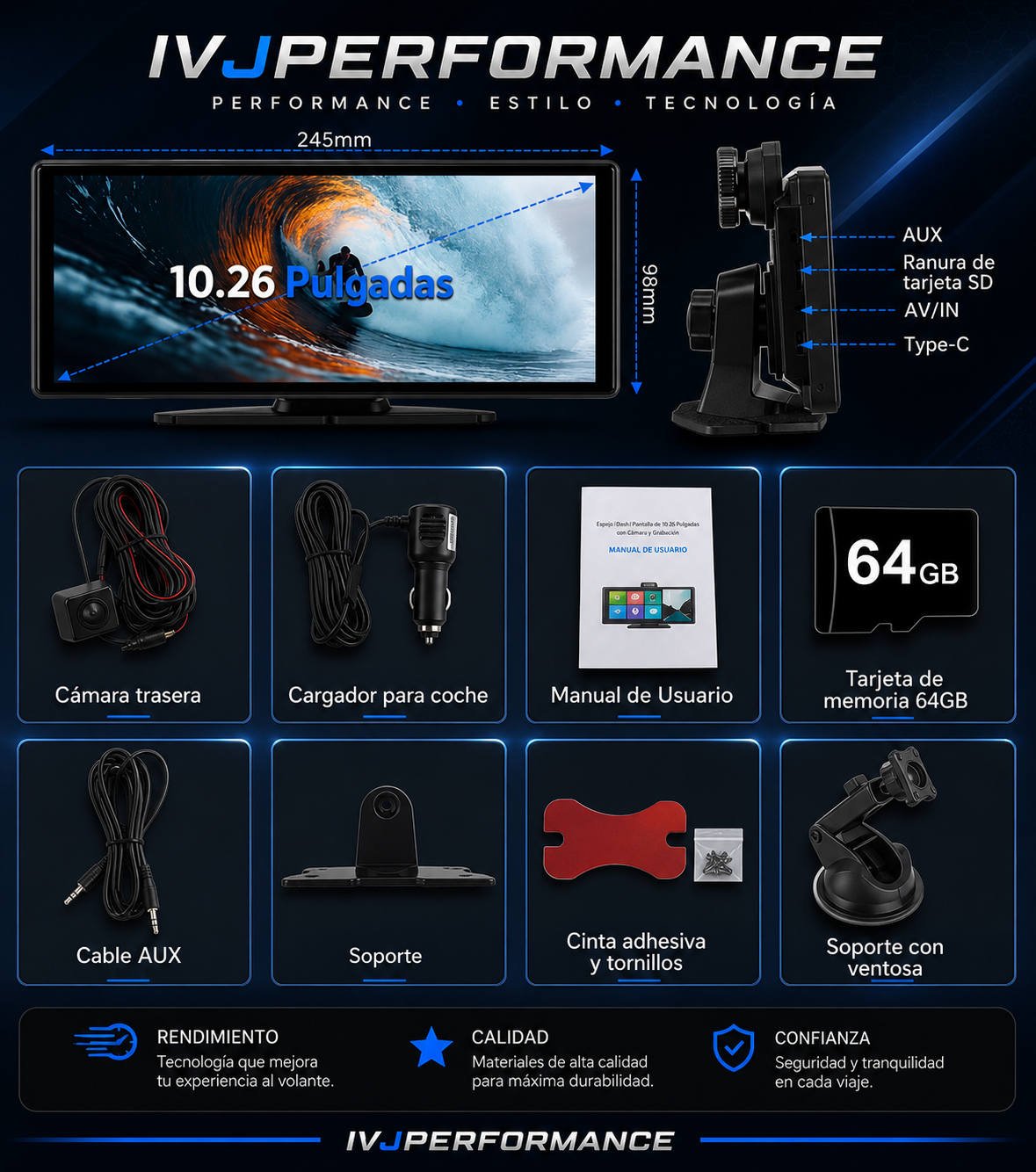 Pantalla Multimedia Coche 10.26” CarPlay + Android Auto + Cámara Dual | IVJPERFORMANCE